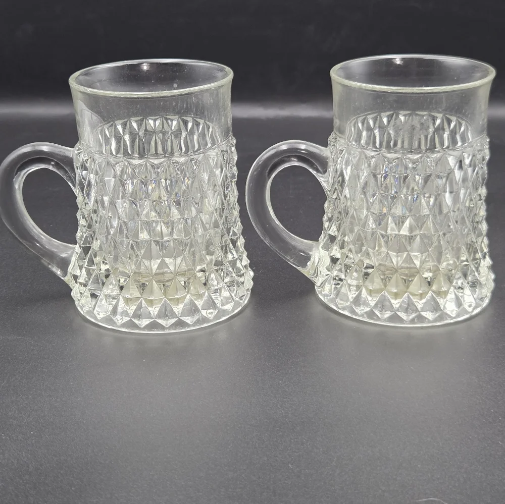 Indiana Glass Diamond Point‎ Handled Coffee Mug Clear Cup Beer Set of 2